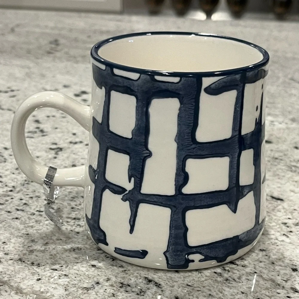 Hand Painted Under Glaze White and Blue Abstract Ceramic Coffee Mug NWOB